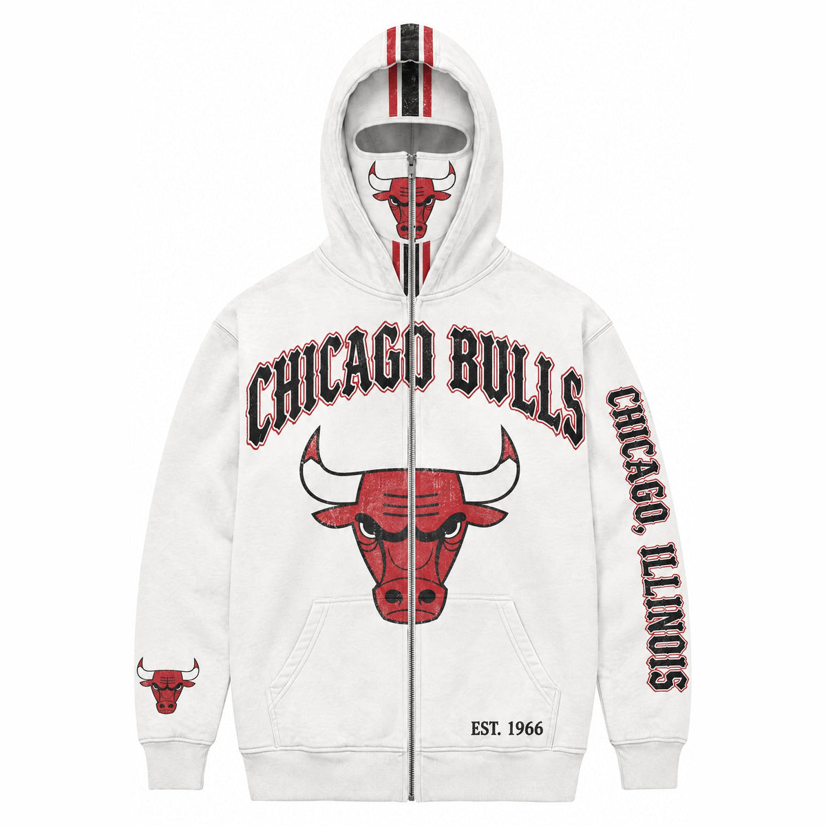 Chicago Bulls HoopedHoodies zip-over-face hoodie in vintage-wash off-white with the red bull-head crest