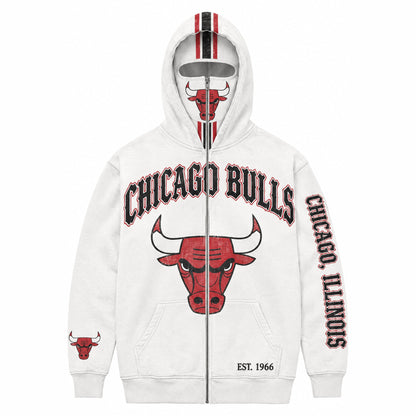 Chicago Bulls HoopedHoodies zip-over-face hoodie in vintage-wash off-white with the red bull-head crest