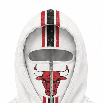 Close-up of the Bulls hood with the bull-head crest on the face panel and black and red striped tape over the crown