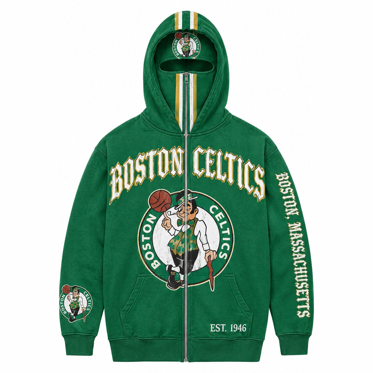 Boston Celtics HoopedHoodies zip-over-face hoodie in vintage-wash kelly green with the Lucky the Leprechaun roundel