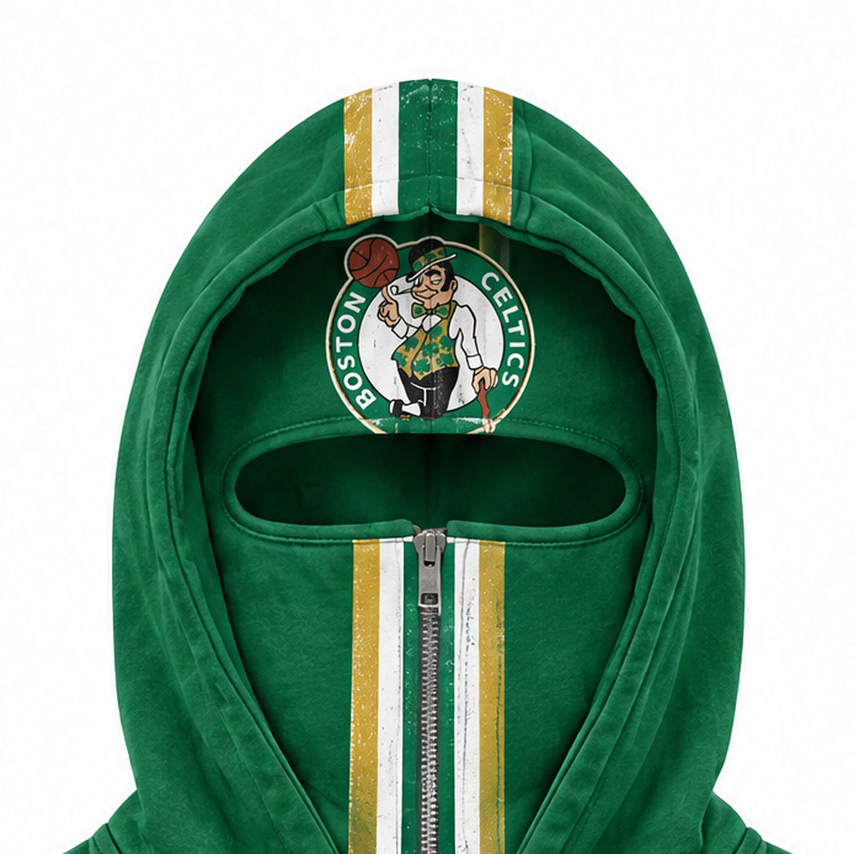 Close-up of the Celtics hood with the roundel on the face panel and white and gold striped tape over the crown