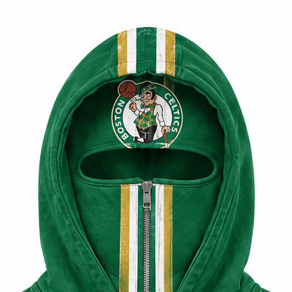 Close-up of the Celtics hood with the roundel on the face panel and white and gold striped tape over the crown