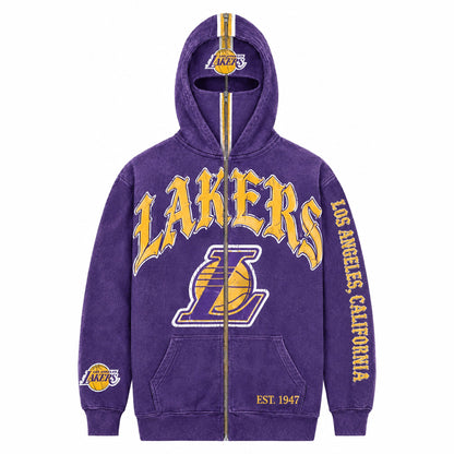 Los Angeles Lakers HoopedHoodies zip-over-face hoodie in vintage-wash purple with the gold arched wordmark and L roundel