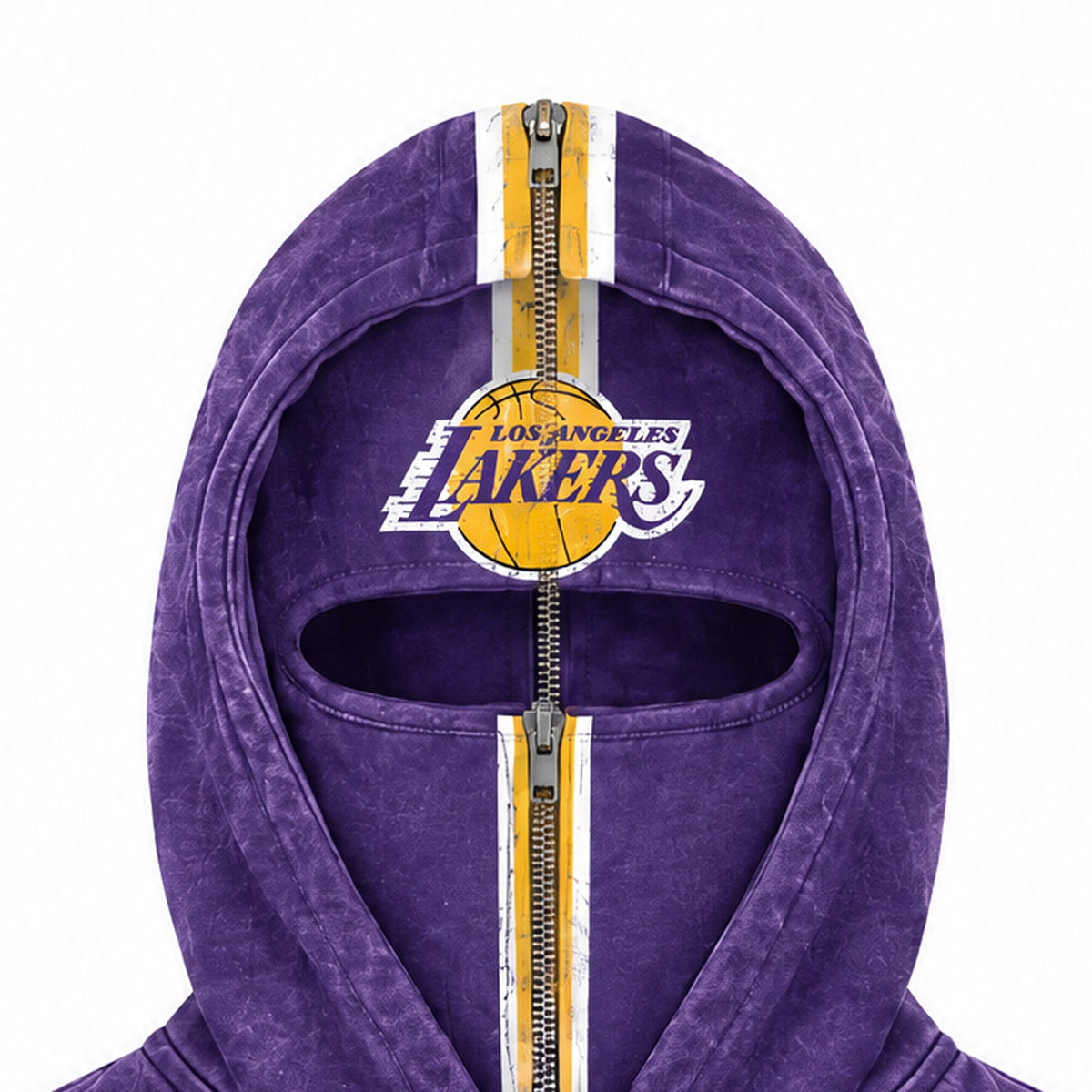 Close-up of the Lakers hood with the crest on the face panel and gold zip tape over the crown
