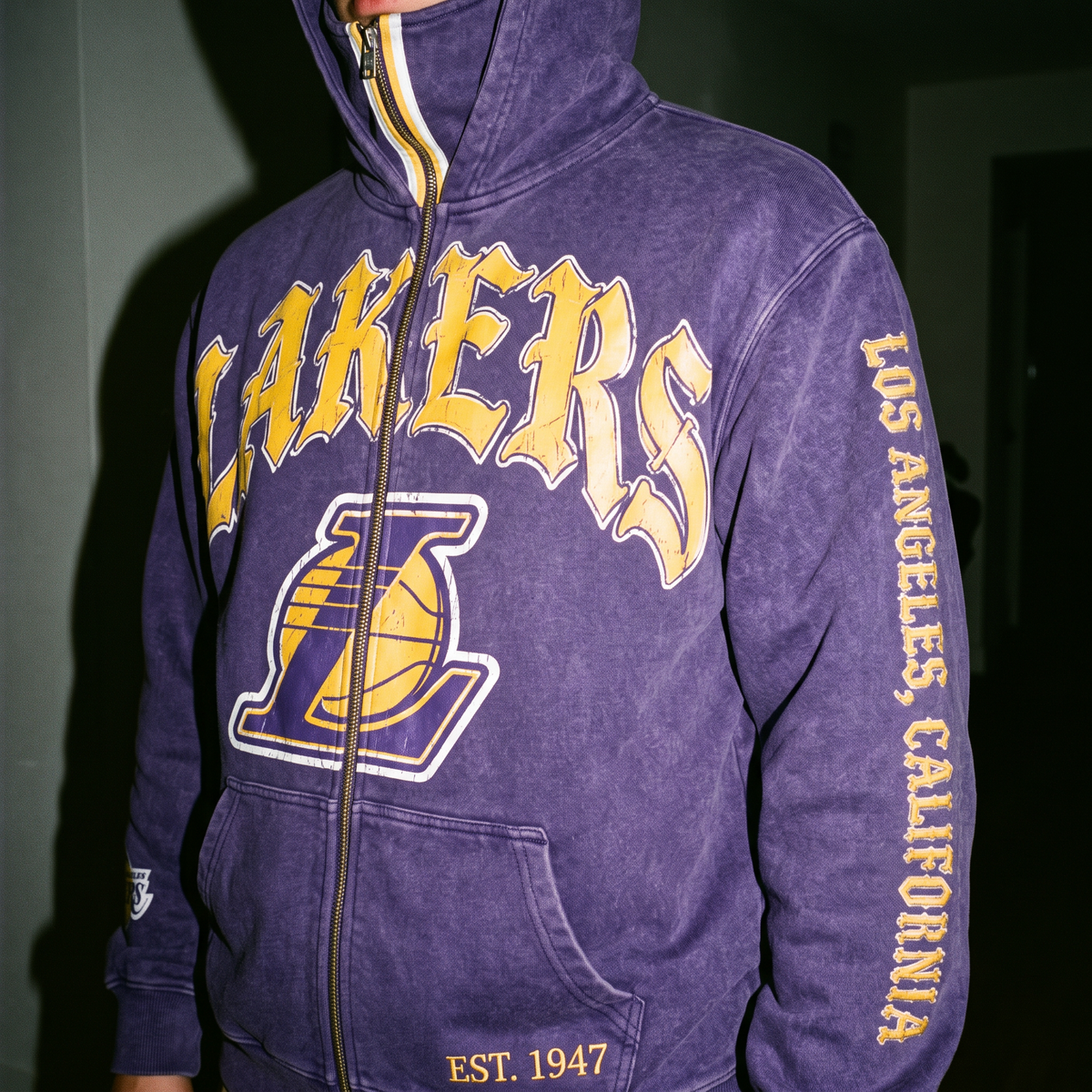 Close-up of the Lakers HoopedHoodies hoodie chest crest and sleeve print worn on the street