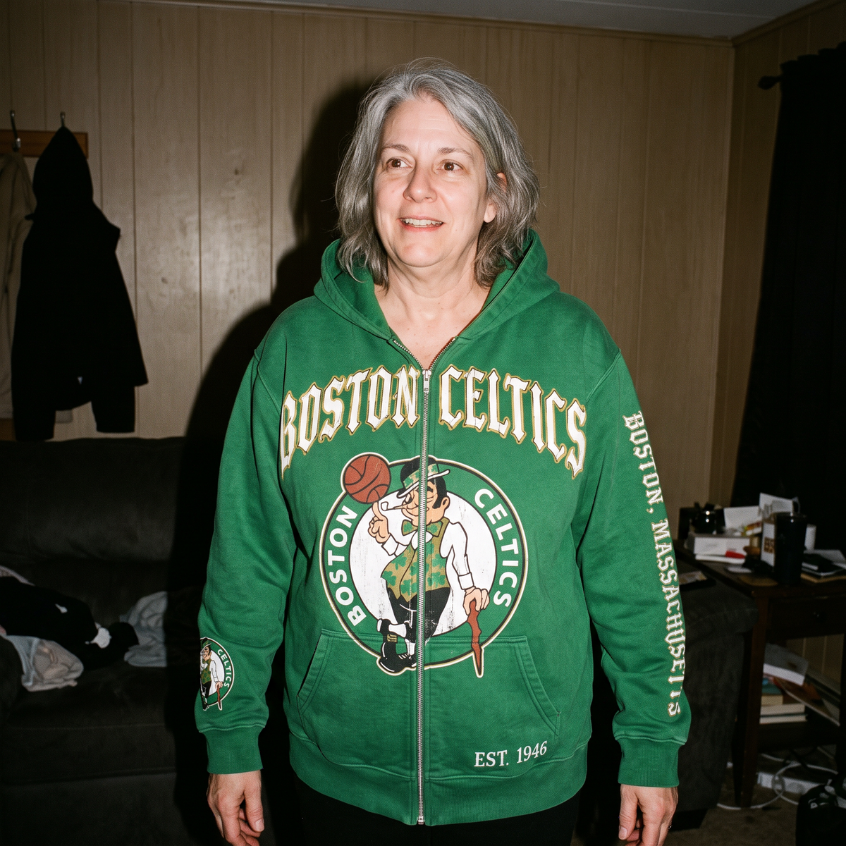 Customer photo, Boston Celtics HoopedHoodies hoodie worn at home