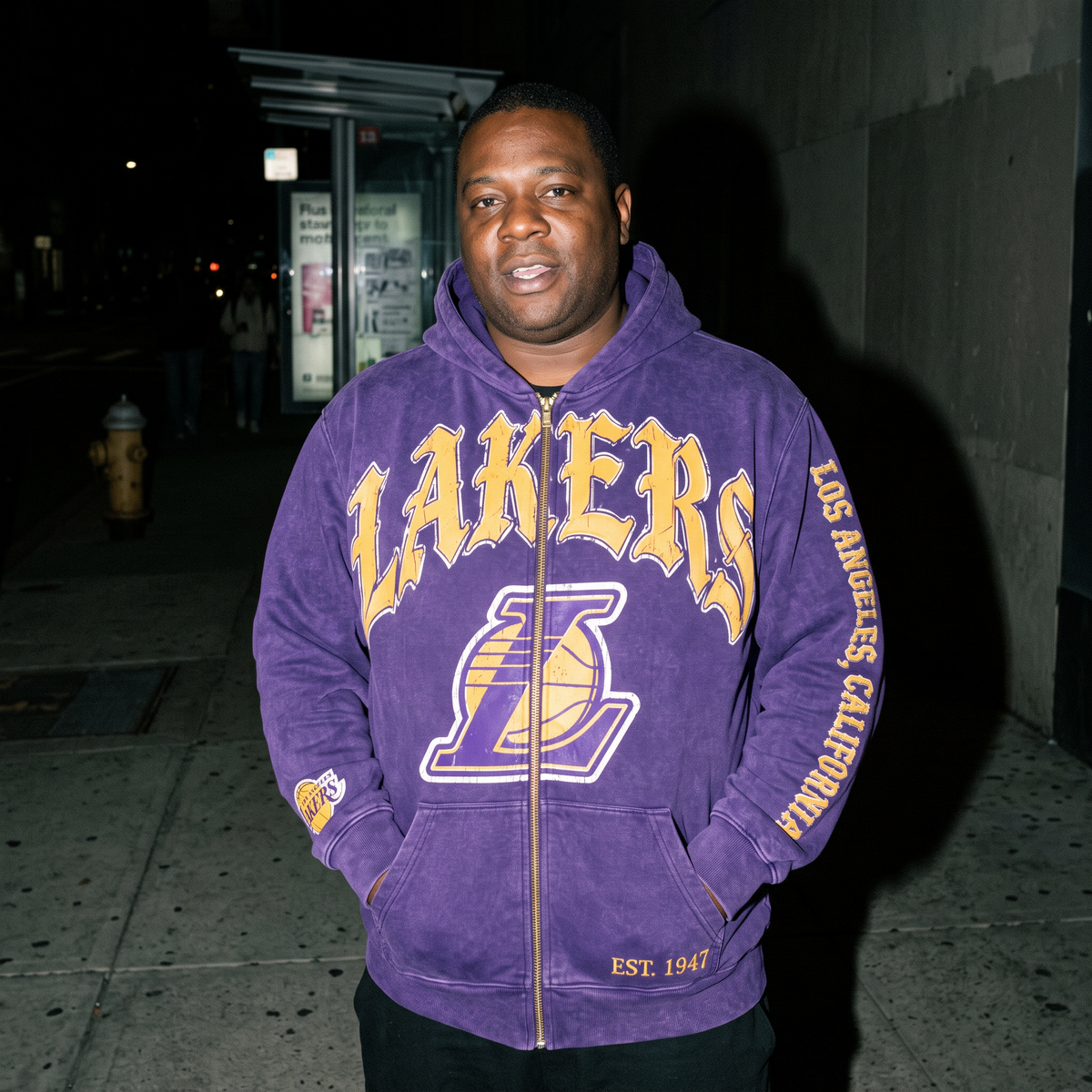 Customer photo, Los Angeles Lakers HoopedHoodies hoodie at a bus stop