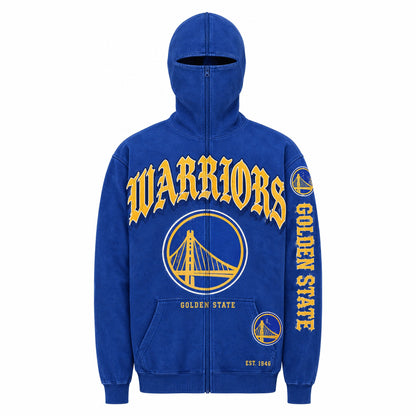 Golden State Warriors HoopedHoodies zip-over-face hoodie in vintage-wash royal blue, hood zipped fully up over the face