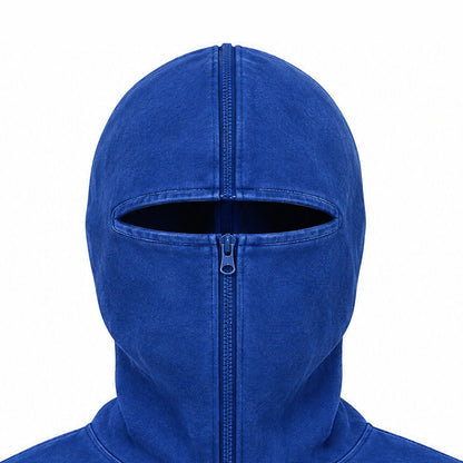 Close-up of the Warriors hood zipped fully up, clean blue face panel with eyes showing
